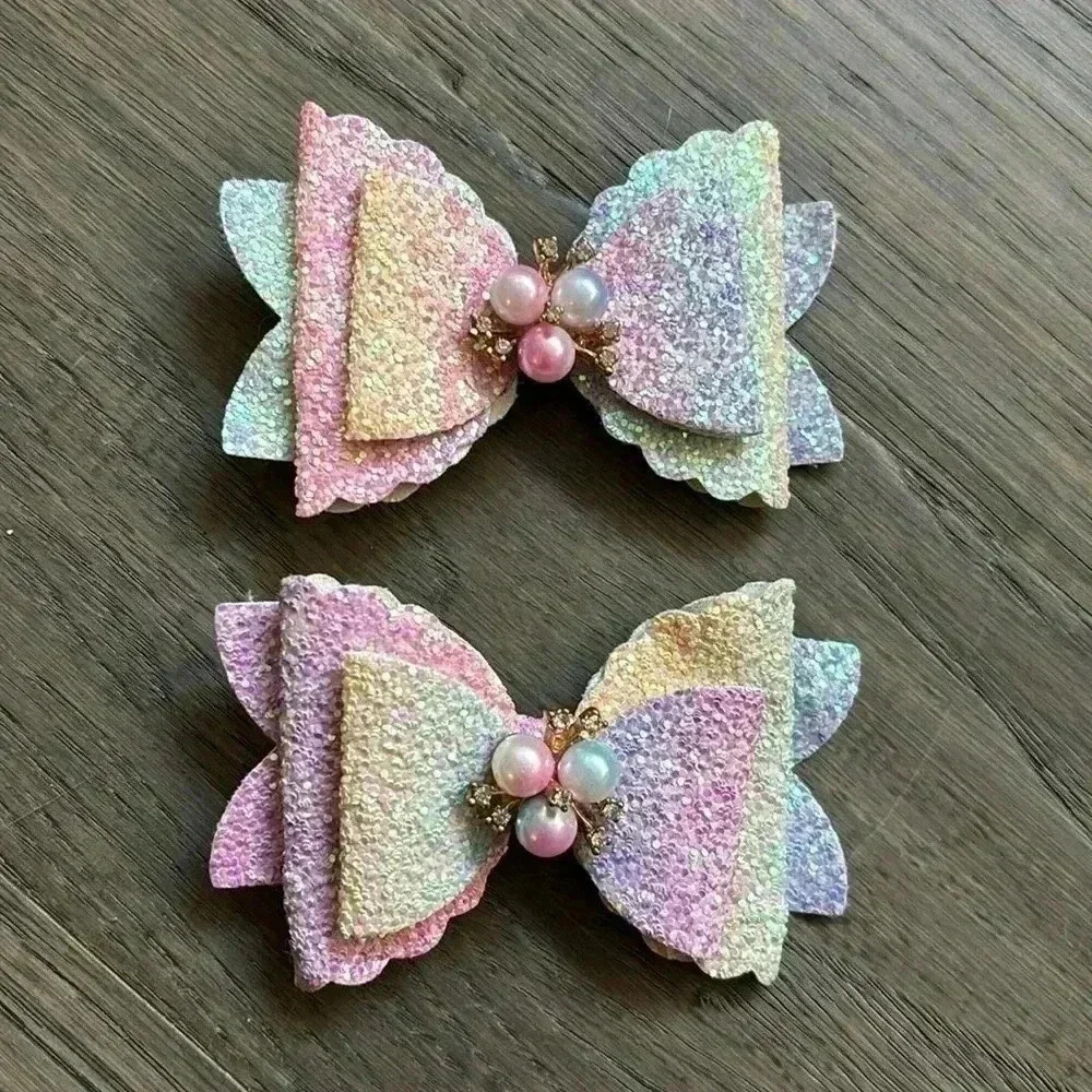 Hand crafted layered rainbow unicorn glitter sparkle hair bows with pearls